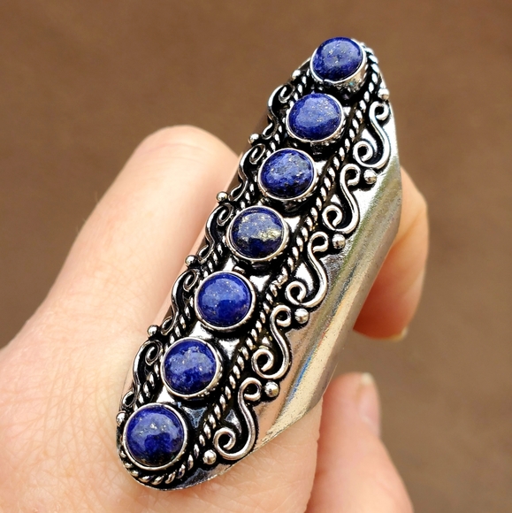 New 7 Stone Lapis Lazuli Adjustable Silver Statement Ring. - Picture 8 of 13